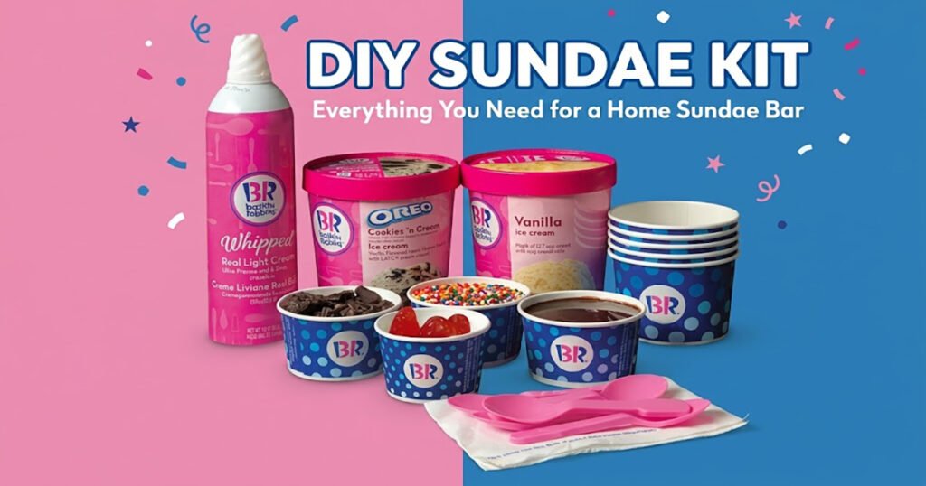 Create a fun home sundae bar with a DIY Sundae Kit featuring ice cream, toppings, fudge or caramel, cups, spoons, and napkins.